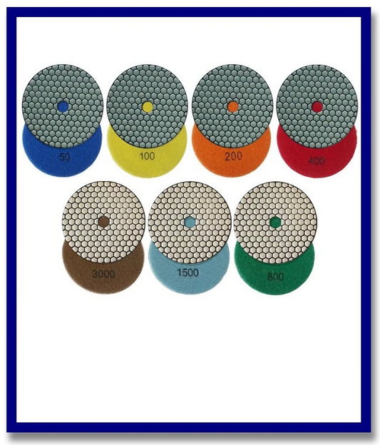 (7 Piece Set) 5" SDA Premium Dry Grinding Diamond V'cro Pads. Grits Included Are #50, 100, 200, 400, 800, 1500 & 3000 - Stone Doctor Australia - For Dry Grinding - Resin Bond